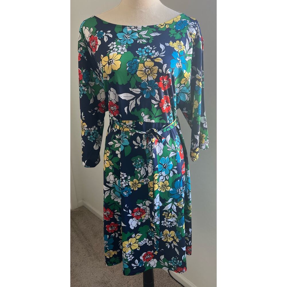 Vibrant Retro Floral Multicolor 3/4 Slit Sleeves Tie Waist MIDI Dress Sz XL - Picture 1 of 8